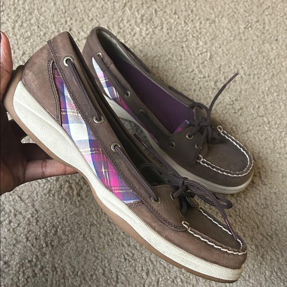 Brown and Purple Plaid Sperry Boat Shoes - Picture 1 of 9